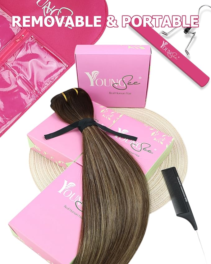 YoungSee Clip in Human Hair Extensions Balayage Brown Hair Clip in Extensions Chocolate Brown Balayage Caramel Blonde Clip Hair Extension Real Human Hair Long Straight for Women 120G 7Pcs 24Inch