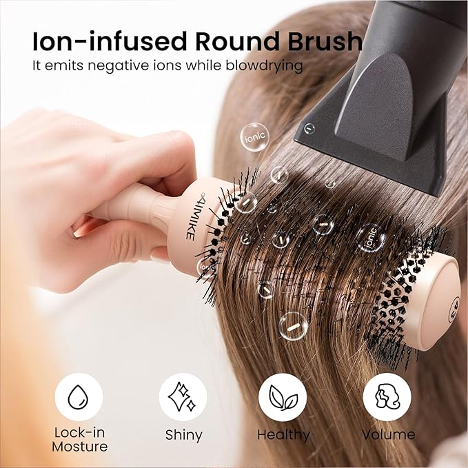 AIMIKE Round Brush for Blow Out, Medium Round Hair Brush w/Nano Ion Thermal Ceramic Tech, Professional RoundBrush for Blow Drying & Styling, Maximum Volume and Shine, Barrel 1.7 inch