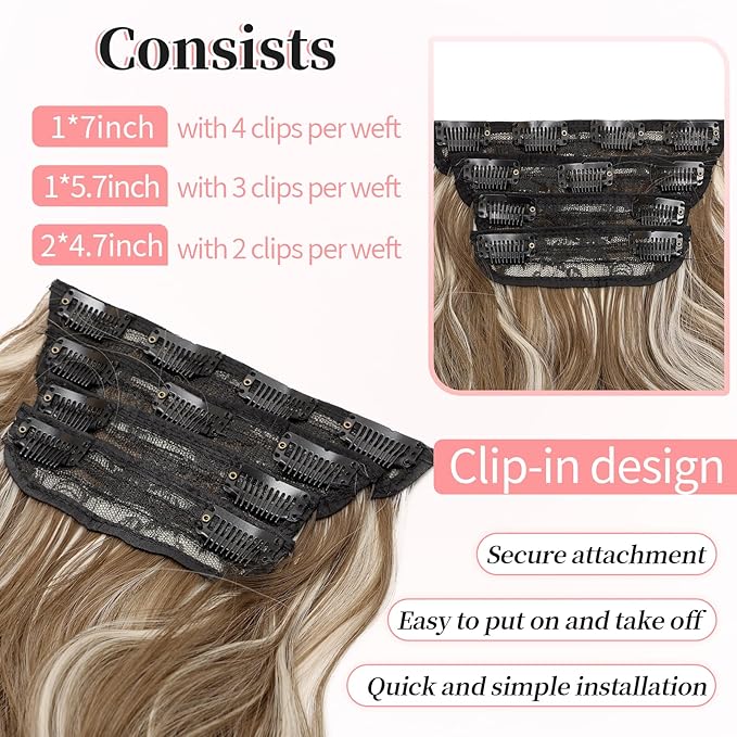 KooKaStyle Clip in Synthetic Hair Extensions Long Wavy 4PCS Thick Hairpieces Brown mix Ash Blonde P10/88 Fiber Double Weft Natural Hair Extensions 20 Inch for Women