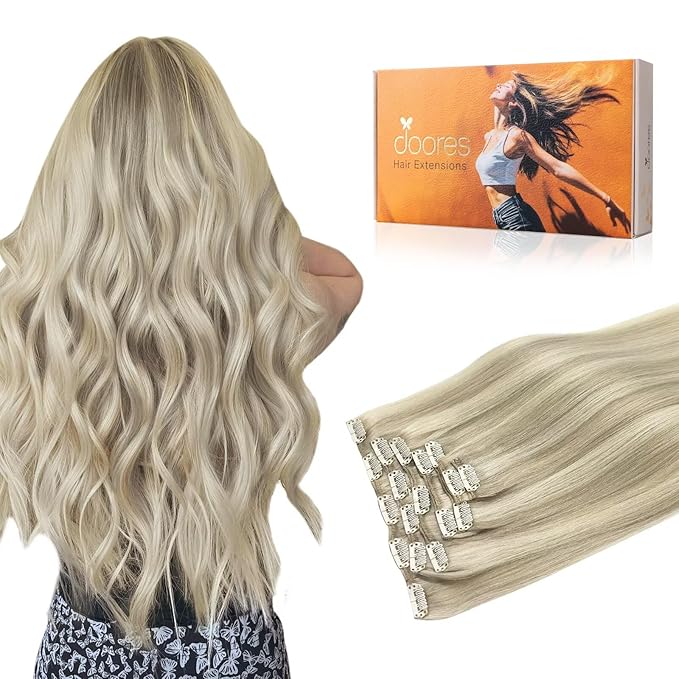 DOORES Hair Extensions Clip in Human Hair, Ash Blonde Highlighted Platinum Blonde 80g 7pcs 12 Inch, Clip in Hair Extensions Real Human Hair Straight Remy Hair Extensions Natural Hair Extensions