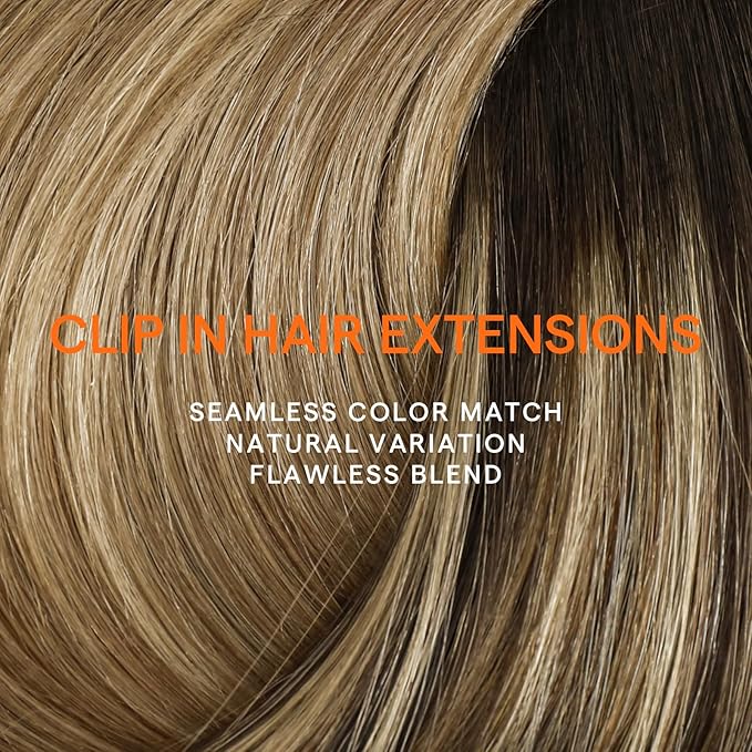 Full Shine Hair Extensions Clip ins Long Ombre Dark Brown to Light Brown Highlights Caramel Blonde Natural Hair Extensions Human Hair 120 G 7 Pcs