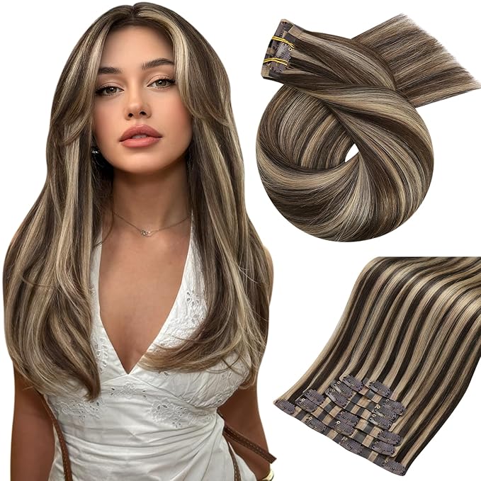 Moresoo Seamless Clip in Hair Extensions Human Hair Dark Brown with Caramel Blonde Highlights Hair Extensions Clip ins Pu Skin for Travel 14 inch 120g 7pcs