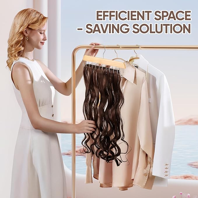 【2 Pack】 Wood Hair Extension Holder for Hair Storing, Washing, Drying, Coloring, Styling, Foldable Belt Hanger, Rotating Multi-Purpose Hooks Hanger, Hanging Closet Organizer