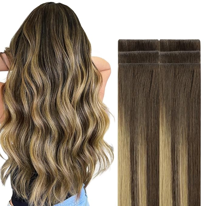 GOO GOO Invisi Edge Tape in Hair Extensions Human Hair, 4/27/4 Balayage Chocolate Brown to Caramel Blonde, 6pcs 24inch 18g, Virgin Remy Hair, Seamless Injected Tape, Natural Look