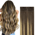 GOO GOO Invisi Edge Tape in Hair Extensions Human Hair, 4/27/4 Balayage Chocolate Brown to Caramel Blonde, 6pcs 16inch 15g, Virgin Remy Hair, Seamless Injected Tape, Natural Look