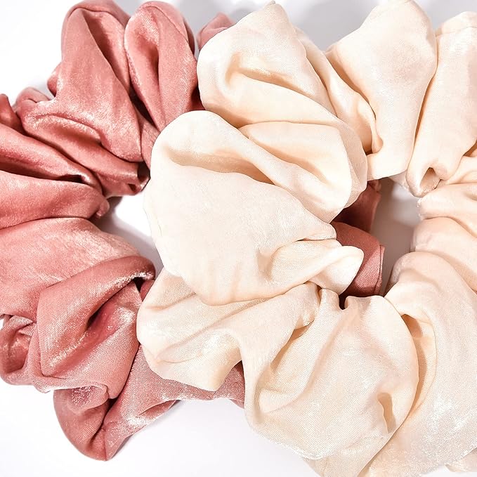 XL Big Silk Scrunchies Hair Ties for Women - CEELGON Oversized Pink Satin Silk Scrunchie Exra Large Jumbo Gaint Soft Champagne Chiffon Cute Scrunchy for Curl Thick Hair 4 Pack (Pink Champagne)