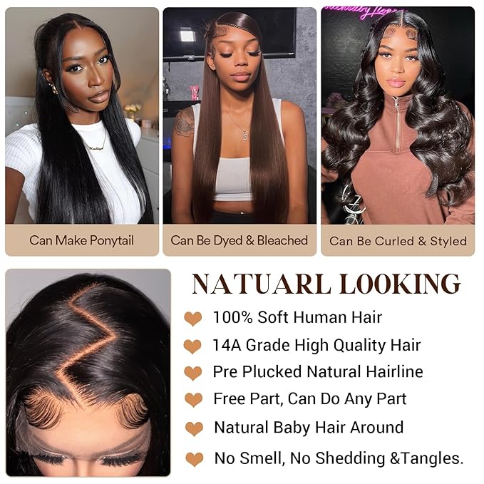 36 Inch 13x6 Lace Front Wigs Human Hair Pre Plucked Real Virgin Human Hair Wig Invisilbe Hairline Tiny Knots 230 Density Straight HD Lace Frontal Wigs 3X Longer Lifespan