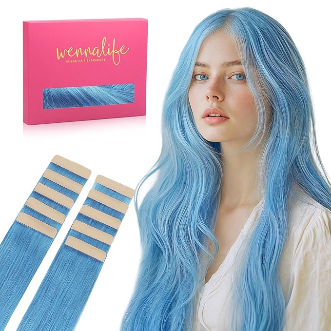 WENNALIFE Tape in Hair Extensions Human Hair SkyBlue Tape in Extensions, 10pcs 25g 16 inch Remy Invisible Tape Ins Straight Colored Soft Real Human Hair Tape in Extensions Refill Set Extensions
