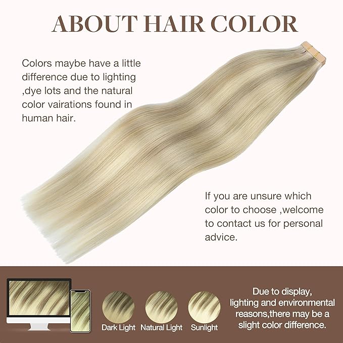 GOO GOO Tape in Hair Extensions Human Hair, 17A/60A Ash Blonde Highlighted Platinum Blonde, 20inch 100g 40pcs, Skin Weft Seamless Invisible, Silky Straight with Thick Ends, Remy Human Hair