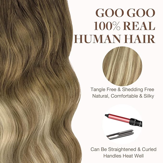 GOO GOO Tape in Hair Extensions Human Hair, 3/8/613 Balayage Walnut Brown to Ash Brown and Bleach Blonde, 20inch 30g 10pcs, Seamless Invisible, Silky Straight with Thick Ends, Remy Human Hair