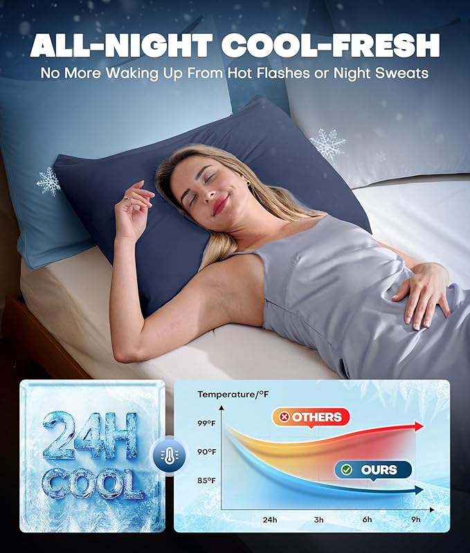 Ultra-Chill Cooling Pillowcase Set of 2 for Hot Sleepers, Softer Than Silk Pillow Cases for Protecting Hair & Skin, Breathable Bed Pillow Covers w/Zipper, Gifts for Women & Men (Navy Blue, Standard)
