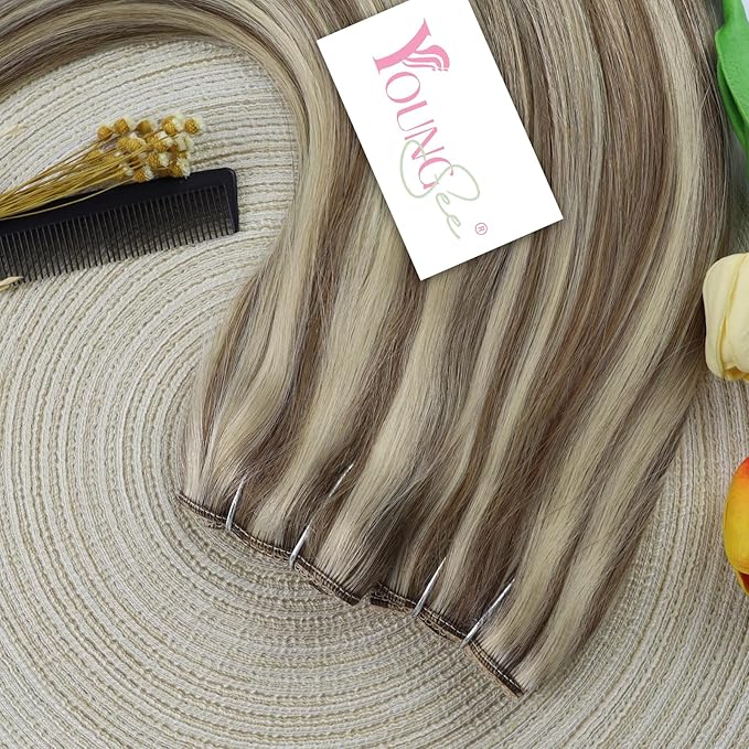 YoungSee 120G Wire Hair Extensions Highlight Human Hair Wire Extensions Light Brown Highlight Platinum Blonde Fish Line Human Hair Extensions Straight Hair 16Inch