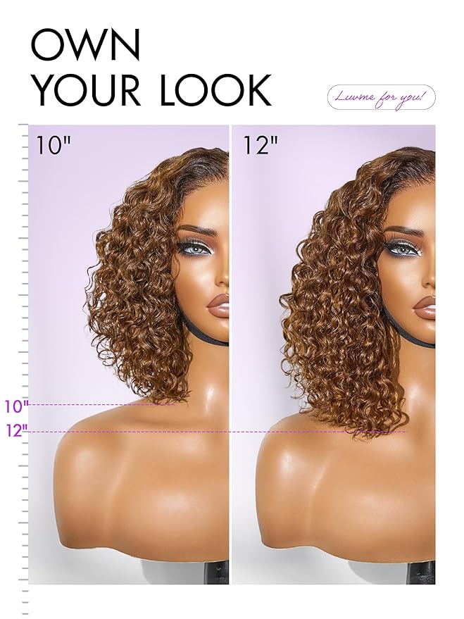 LUVME HAIR 5X5 Deep Curly 10 Inch 100% Human Hair Wigs Curly Deep Wave Glueless Lace Front 10 Inches, Pre Cut Plucked Hd Lace Short Wig Ready To Go Mix Brown Color Straight Bleached Knots Black Wigs