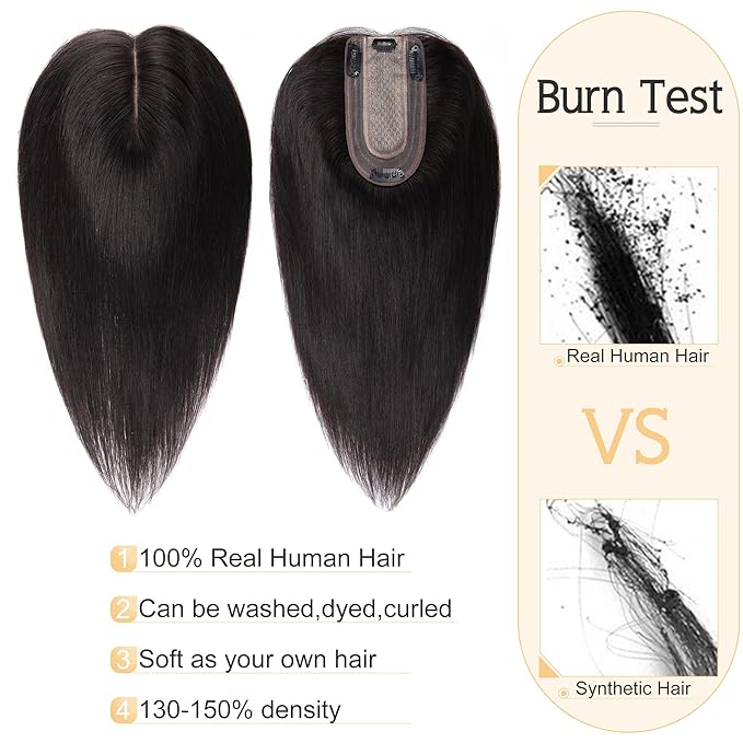 SEGO Human Hair Toppers for Women With Thinning Hair, 7 * 13CM Silk Base 100% Real Human Hair Clip in Top Wiglet Hairpieces -16 Inch No Bangs Natural Black