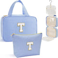 YOOLIFE Hanging Toiletry Bag for Women - Travel Toiletry Bag Makeup Bag, Portable Toiletries Cosmetic Bag, Airplane Travel Essentials - Letter T, Blue