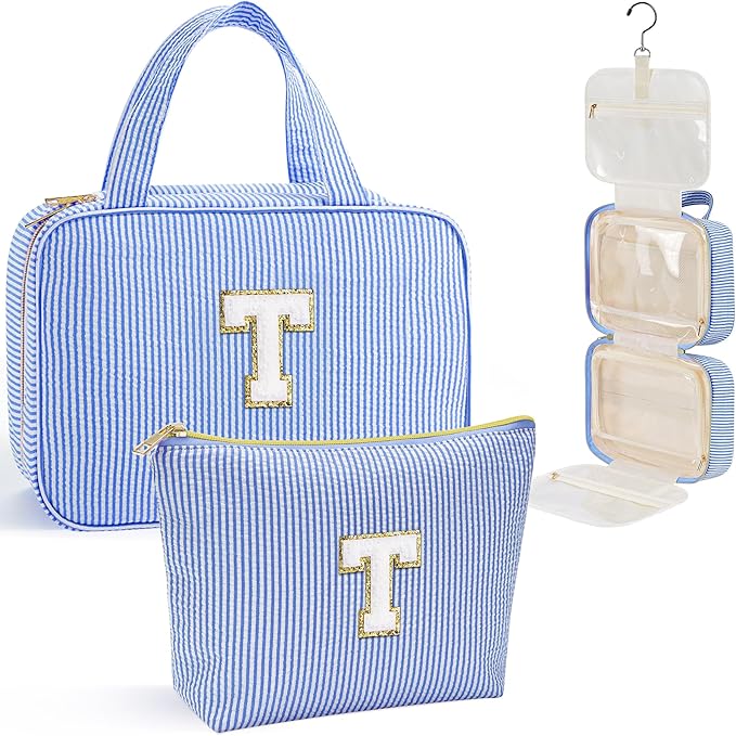 YOOLIFE Hanging Toiletry Bag for Women - Travel Toiletry Bag Makeup Bag, Portable Toiletries Cosmetic Bag, Airplane Travel Essentials - Letter T, Blue
