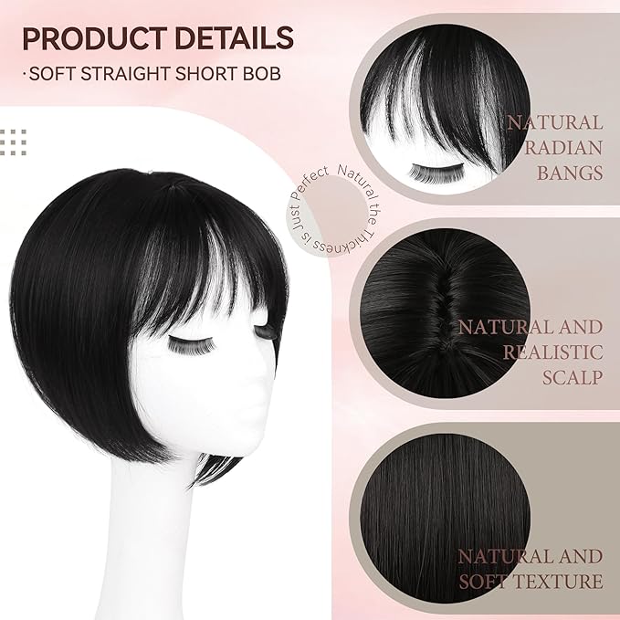 LEEONS Hair Toppers for Women with Bangs Short Bob Synthetic Pieces for Thinning Hair Side Part (Black)
