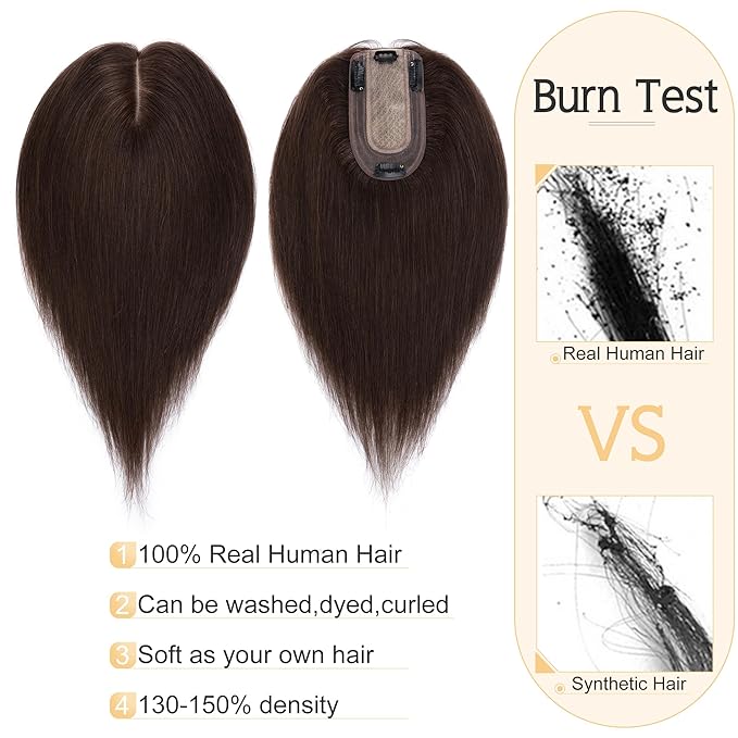SEGO Human Hair Toppers for Women With Thinning Hair, 7 * 13CM Silk Base 100% Real Human Hair Clip in Top Wiglet Hairpieces//18 Inch No Bangs Dark Brown
