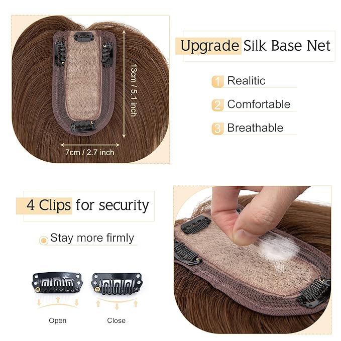 SEGO Hair Toppers for Women Real Human Hair, 7 * 13CM Silk Base 100% Remy Clip in Top Wiglet Hairpieces, Top Pieces Add Volume -12 Inch 4T4P27
