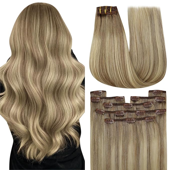 YoungSee 150G Clip in Human Hair Extensions Balayage Hair Extensions Clip ins Light Brown Mix Platinum Blonde Balayage Clip in Extensions Real Human Hair Ease of Use 7 Pieces 22Inch