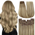 YoungSee 135g Balayage Clip in Hair Extensions Light Brown Real Human Hair Extensions Clip ins Balayage Brown Mix Platinum Blonde Human Hair Clip in Extensions Soft Remy Hair 18inch 7pcs