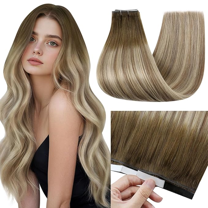 Full Shine Genius Weft Hair Extensions Human hair 18Inch Color 3 Dark Brown Ombre 8 Ash Brown And 22 Blonde Tape in Weft Hair Extensions 50G One Piece Long Weft Tape in Extensions for Daily Look