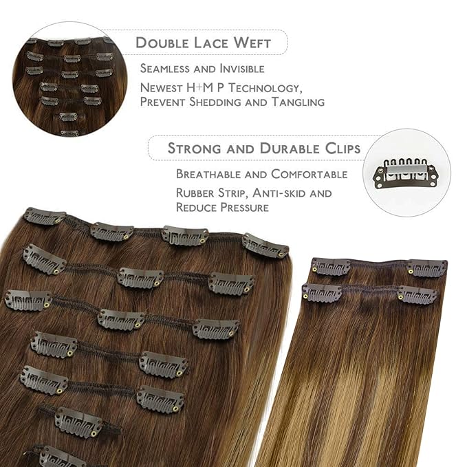 WENNALIFE Clip in Hair Extensions, 150g 18 Inch 9pcs Balayage Chocolate Brown to Caramel Blonde Remy Hair Thicker Double Weft Extensiones De Cabello Humano Con Clip Ins Straight Full Volume