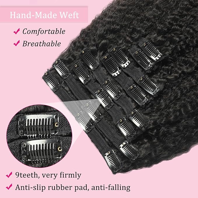 Natural Black Clip in Human Hair Extensions for Black Women 8Pcs 120g Seamless Kinky Straight Clip Ins 18Clips Double Weft Human Hair Clip on Hair Extensions (1B 22 Inch)
