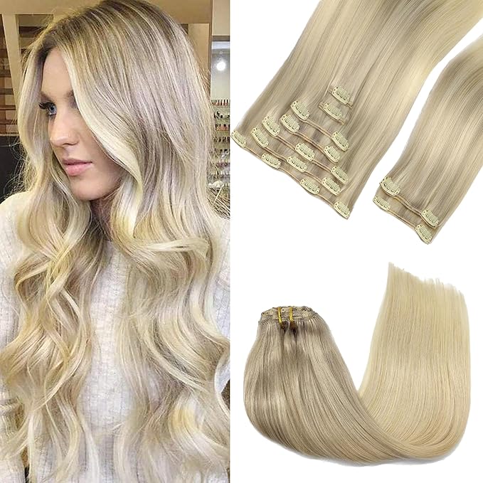 GOO GOO Clip in Hair Extensions - Real Human Remy Hair, Natural, 14inch 150g 9Pcs, Balayage Ash to Platinum Blonde