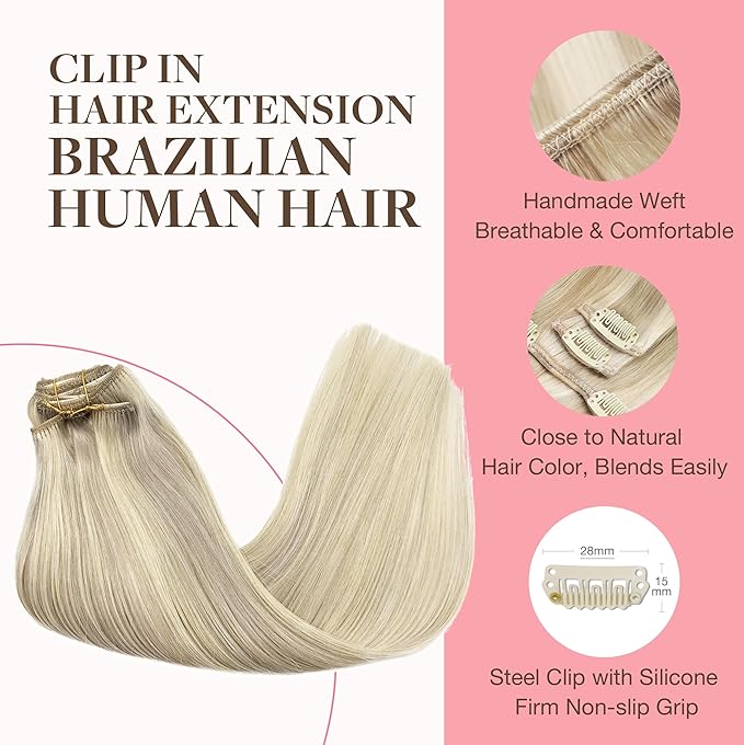 GOO GOO Clip in Hair Extensions Real Human Hair, Remy Human Hair Extensions Clip ins for Women, Natural Human Hair, 26inch 180g 7Pcs, #17A/60A Ash Blonde Highlighted Platinum Blonde