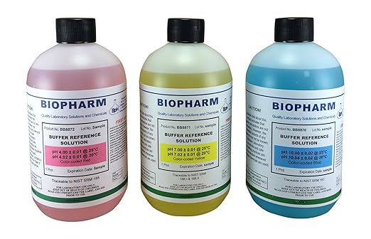 pH Buffer Calibration Solution 3-Pack: pH 4.00, pH 7.00, pH 10.00 Buffers — 500 mL (1.06 Pint) Each — Color Coded — NIST Traceable for All pH Meters
