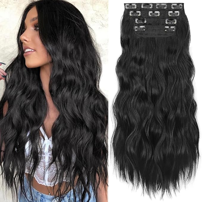 KooKaStyle Clip in Synthetic Hair Extensions Long Wavy 4PCS Thick Hairpieces Black Fiber Double Weft Natural Hair Extensions 24 Inch for Women