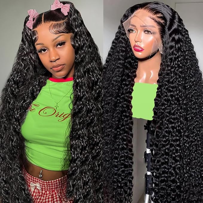 VIPbeauty 13x6 Deep Wave Lace Front Wigs Human Hair 200 Density 28 Inch Curly Wig for Women Natural Black HD Transparent Lace Glueless Frontal Wigs Human Hair Pre Plucked with Baby Hair