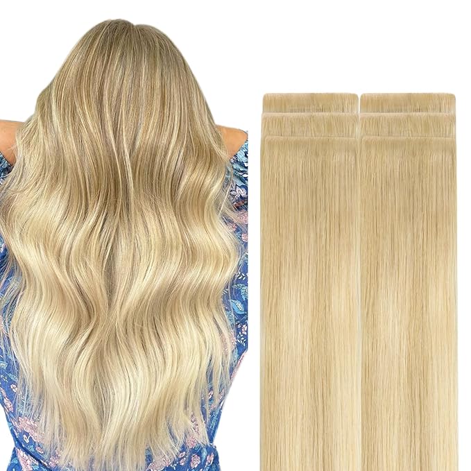 GOO GOO Invisi Edge Tape in Hair Extensions Human Hair, 18AT60A Pearl Ash Blonde Highlights, 6pcs 20inch 18g, Virgin Remy Hair, Seamless Injected Tape, Natural Look