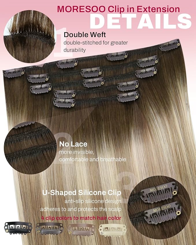 Moresoo Clip in Hair Extensions Remy Double Weft Human Hair Clip in Extensions Balayage Straight Hair Extensions for Women Ombre Brown to Light Brown with Blonde 5pcs 80g 10inch