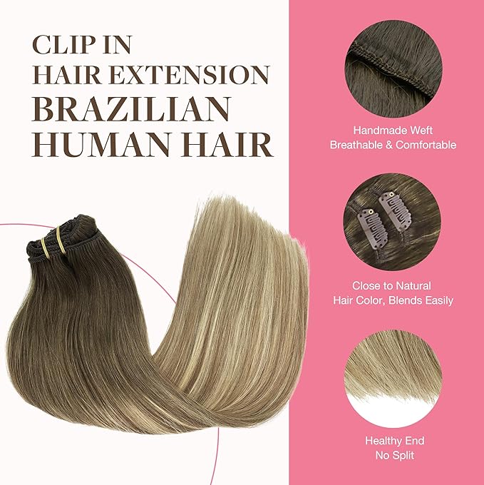 GOO GOO Clip in Hair Extensions Real Human Hair, Remy Human Hair Extensions Clip ins for Women, Natural Human Hair, 20inch 150g 9Pcs, 3/8/613 Balayage Walnut Brown to Ash Brown and Bleach Blonde