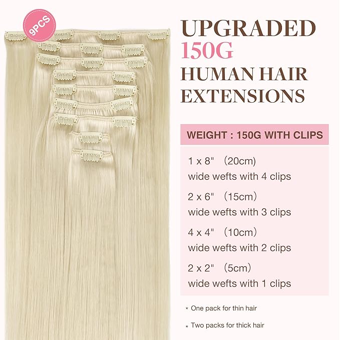 GOO GOO Clip in Hair Extensions Real Human Hair, Remy Human Hair Extensions Clip ins for Women, Natural Human Hair, 24inch 150g 9Pcs, #60A Platinum Blonde