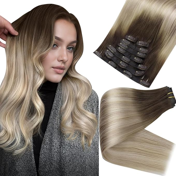 Full Shine Human Hair Clip in Extensions 16 Inch Ombre Dark Brown to Ash Blonde and Platinum Blonde Real Human Hair Clip ins Extension Thick End 8 PCS 120 Grams