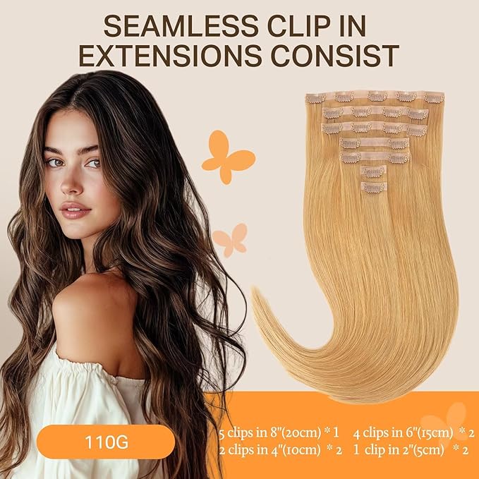 DOORES Seamless Clip in Hair Extensions Real Human Hair, Honey Blonde 110g 7pcs 20 Inch, Extensions Clip in Straight Remy Hair Invisi Edge