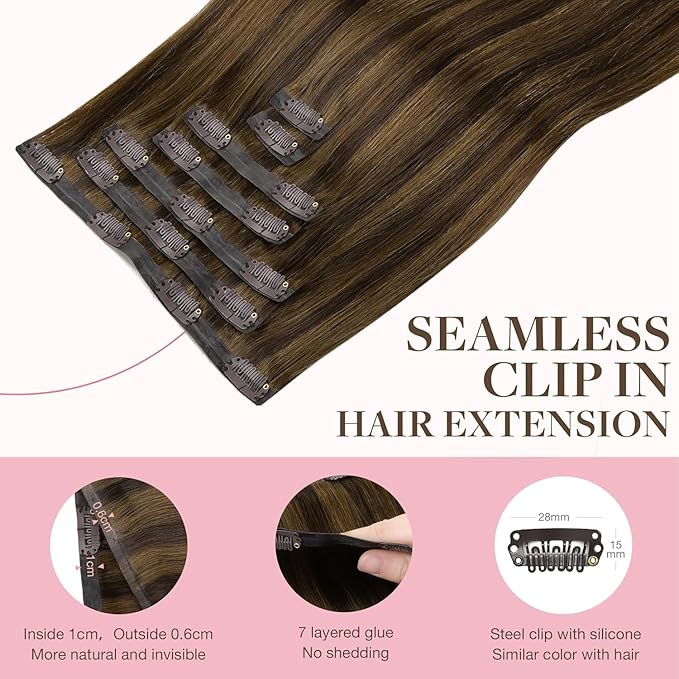 GOO GOO Clip in Hair Extensions Real Human Hair, Remy Human Hair Extensions Clip ins for Women, Natural Human Hair, 22 Inch 140g 7Pcs, 2C/4E/6C Brown Sugar Swirl Highlights