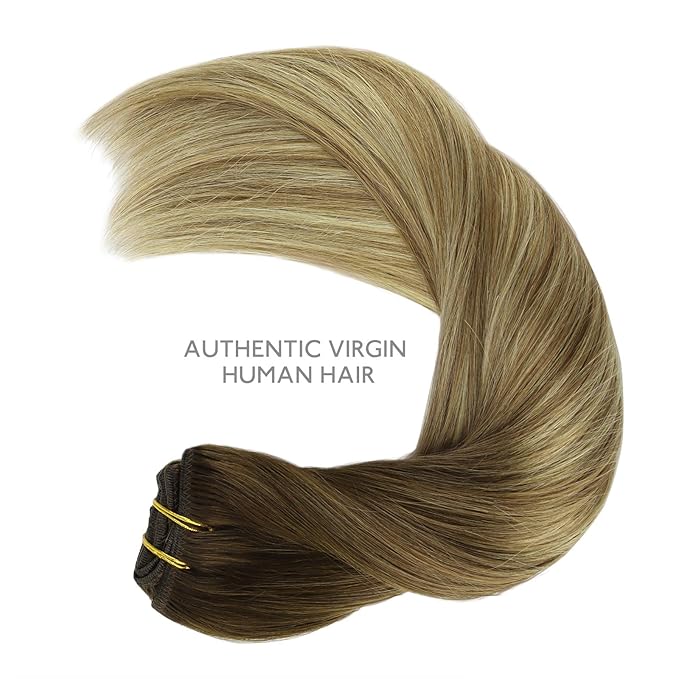 WENNALIFE Clip in Hair Extensions, 150g 14 Inch 9pcs Ombre Walnut Brown to Ash Brown and Bleach Blonde Human Hair Extensions Thicker Clip in Hair Extensions Real Human Hair Clip Set Double Weft