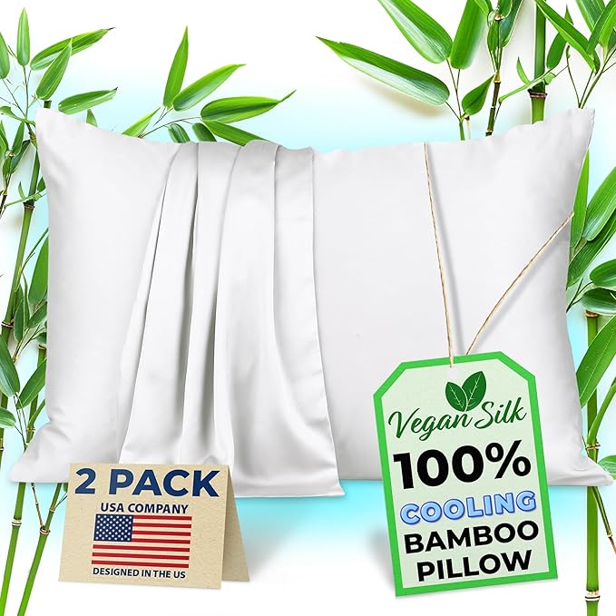 Pillow Cases - 100% Viscose Derived from Bamboo - Cooling Pillowcase - Standard Size, White, Set of 2 Zippered - for Hot Sleepers - Soft Pillow Covers - by Vegan Silk