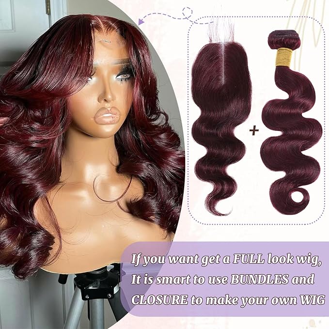 2x6 HD Lace Closure Human Hair Body Wave 99J Burgundy Dark Red Wine Color Transparent Lace Closure 2x6 Long Deep Middle Part 100% Raw Virgin Human Hair 16 Inch 150% Density