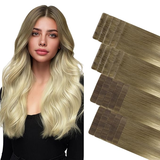 GOO GOO Invisi Edge Tape in Hair Extensions Human Hair, 9/60 Balayage Ash Brown to Platinum Blonde 10pcs injected with 10pcs classical tape ins, 24inch 50g, Virgin Remy Hair, Natural Look
