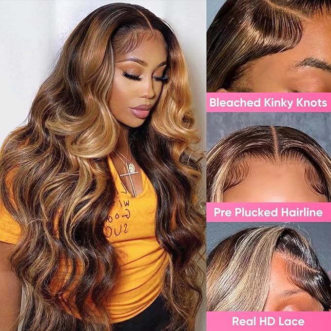 Honey Blonde Ombre 13x6 Lace Front Wig Human Hair 210 Density Highlight Body Wave Lace Front Wigs Human Hair Pre Plucked Glueless Lace Frontal Wig for Women 4/27 Colored 22Inch