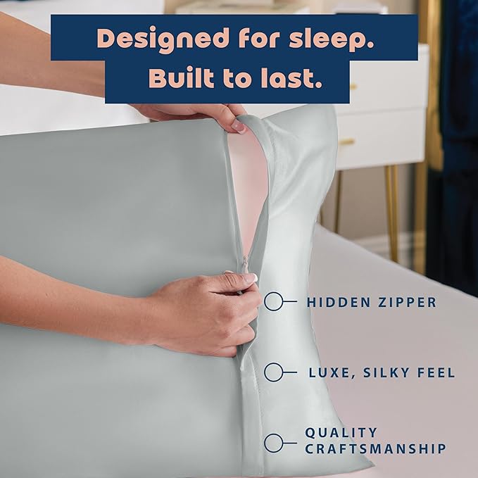 BLISSFORD Satin Pillowcase with Zipper, for Hair and Skin Care, Feels Soft and Cool Like a Silk Pillowcase, Satin Pillow Cases 2 Pack, Slik Pillow Cover, Silver Grey - Standard Size, Set of 2