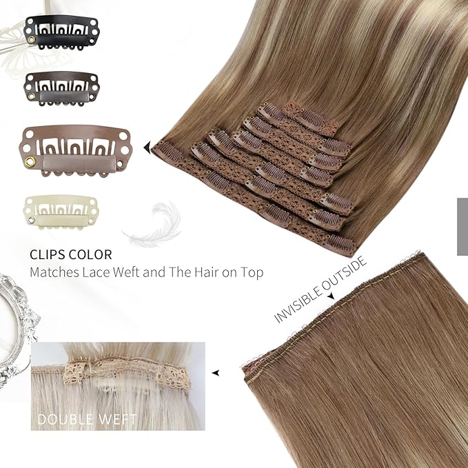 Moresoo Clip in Hair Extensions Real Human Hair Brown to Blonde Hair Extensions Clip ins Light Brown to Meidum Blonde Balayage Soft And Straight 120g/7pcs 16 inch
