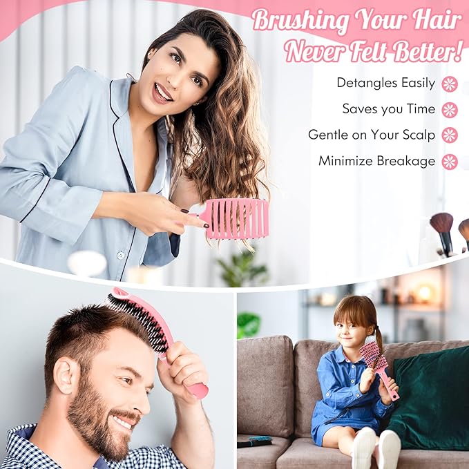 Hair Brush,URTHEONE Detangling Hairbrush Boar Bristle Curved Vented Hair Brush for Women Men Kids Curly Thick Long Short Wet or Dry Hair, Faster Blow Drying(2Pack, Black&Pink)