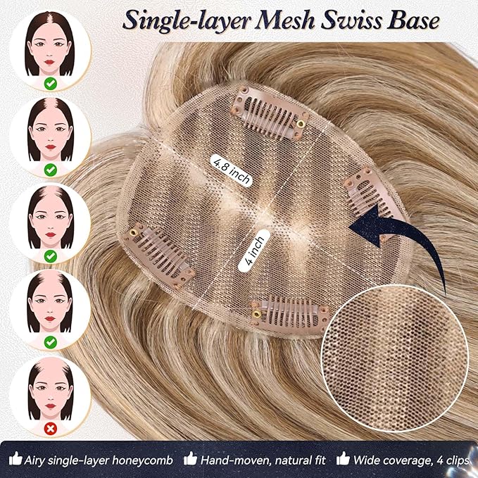 starluck Hair Toppers for Women Real Human Hair No Bangs, 100% Remy HumanHair Toppers for Women Hand-woven with Thinning,Cover Gray Roots,Adds Volume, Mixed Blonde And Brown