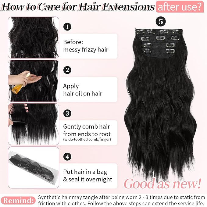 KooKaStyle Clip in Synthetic Hair Extensions Long Wavy 4PCS Thick Hairpieces Brunette Brown Fiber Double Weft Natural Hair Extensions 20 Inch for Women
